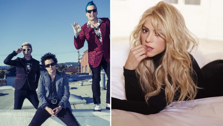 2 panel image of Green Day and Shakira