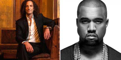 2 panel image of Kenny G and Kanye West