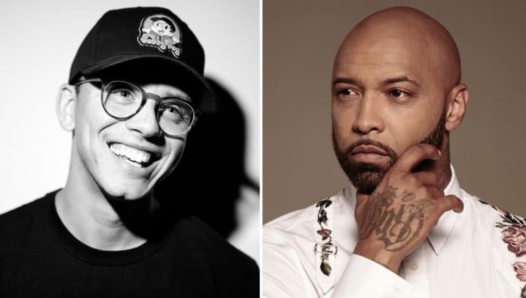 2 panel image of US rappers Logic and Joe Budden