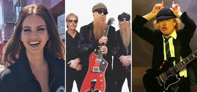 3 panel image of Lana Del Rey, ZZ Top, and Angus Young, three musicians who fabricated stories about their past