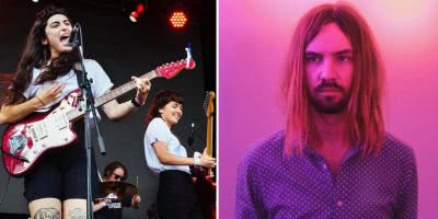 2 panel image of Georgia Maq of Camp Cope and Courtney Barnett performing live, and Kevin Parker of Tame Impala, three Aussie artists to have made Pitchfork's latest list