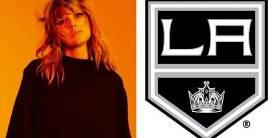 2 panel image of Taylor Swift and the logo for the LA Kings