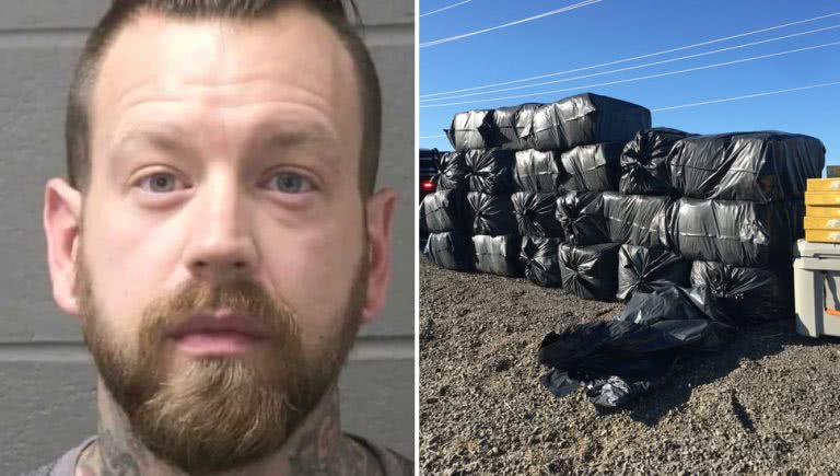 Image of Walls Of Jericho drummer Dustin Schoenhofer and the image of the marijuana found in his possession