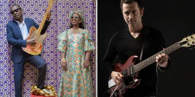 2 panel image of Amadou & Mariam and Dweezil Zappa, two artists who have just announced Bluesfest sideshows