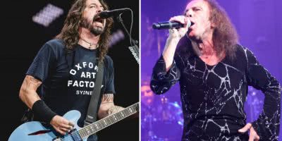 2 panel image of Dave Grohl and Ronnie James Dio