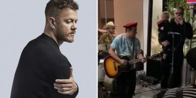 2 panel image of Imagine Dragons frontman Dan Reynolds and his performanc with a US garage band