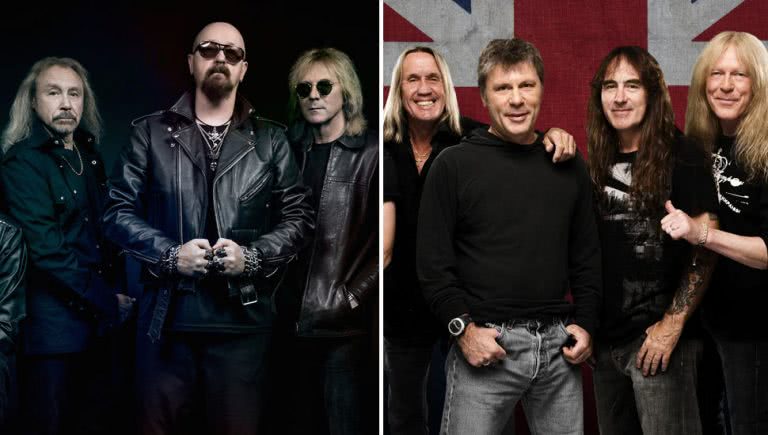 2 panel image of Judas Priest and Iron Maiden