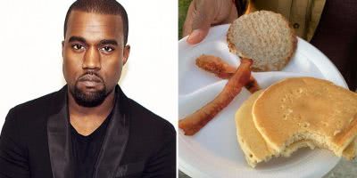 2 panel image of Kanye West and food offered up at his recent live appearance