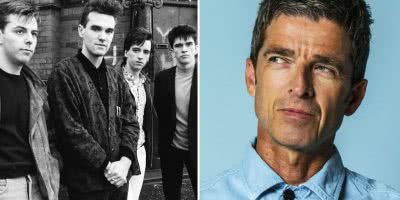 2 panel image of The Smiths and Noel Gallagher