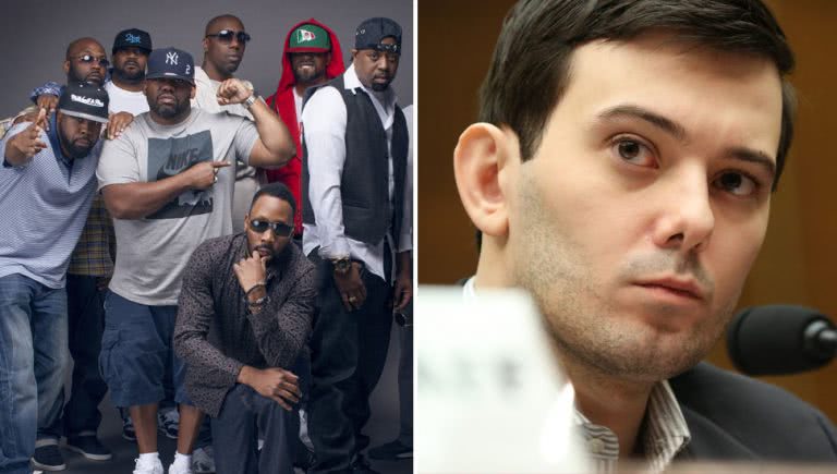 2 panel image of the Wu-Tang Clan and Martin Shkreli