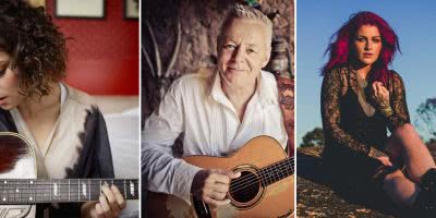 3 panel image of Tommy Emmanuel, Gaby Moreno, and Karise Eden, three artists performing at the Blues On Broadbeach festival next month