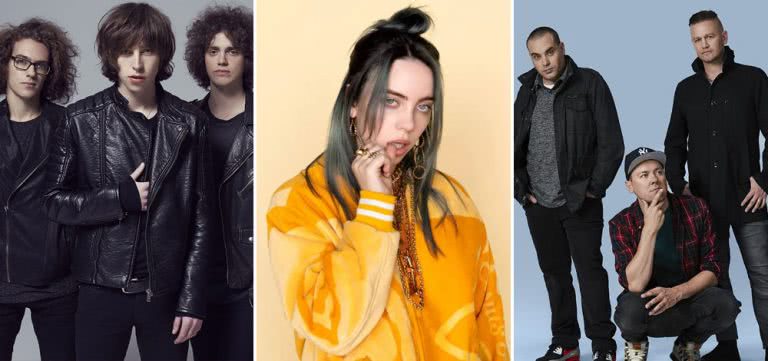 3 panel image of Catfish and the Bottlemen, Billie Eilish, and Hilltop Hoods, the three most-played acts on triple j for 2019