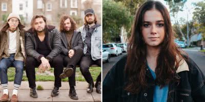 2 panel image of Gang of Youths and Ruby Fields, two artists performing at the Down to Earth benefit concert in Melbourne