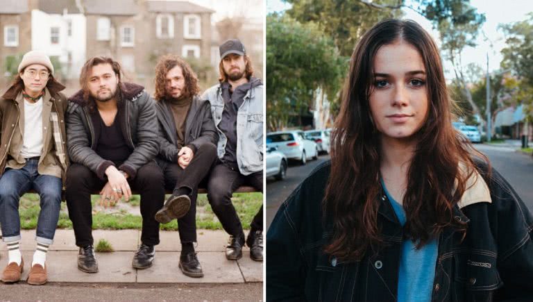 2 panel image of Gang of Youths and Ruby Fields, two artists performing at the Down to Earth benefit concert in Melbourne