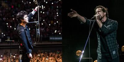 Billie Joe Armstrong of Green Day and Eddie Vedder perform live