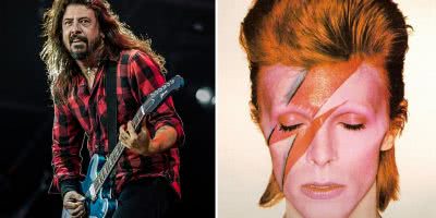 Split image of Foo Fighters' Dave Grohl and David Bowie.