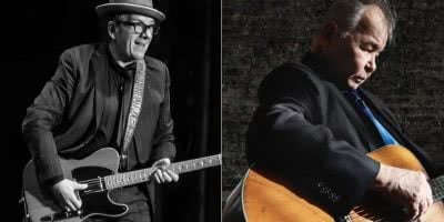 Double image of Elvis Costello and the late John Prine