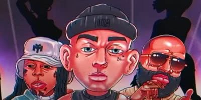 Animated Travis Barker of Blink-182 alongside Lil Wayne and Rick Ross for DTA Records.