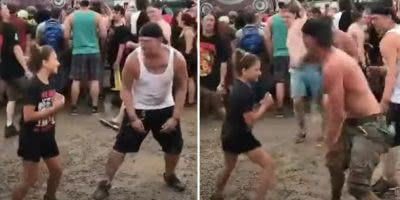 Photo of young girl learning how to mosh at a Killswitch Engage concert.