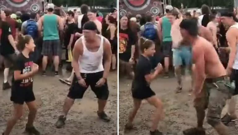 Photo of young girl learning how to mosh at a Killswitch Engage concert.