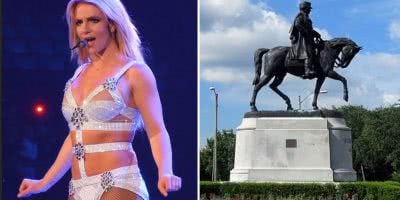 Split image of Britney Spears and a confederate statue in Louisiana.