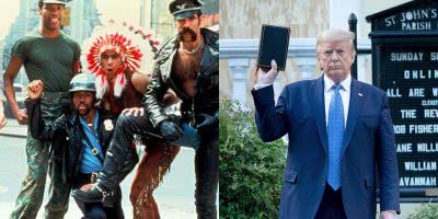 Photo of the Village People and Donald Trump holding a bible outside a church