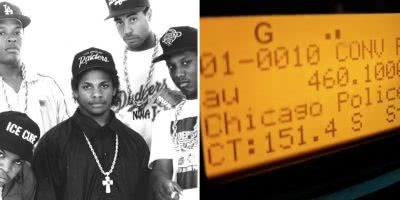 Dual image of Anonymous hacking Chicago police scanners with N.W.A.'s 'Fuck Tha Police'