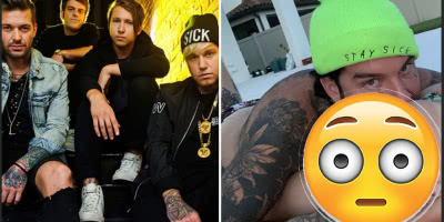 Split image of Attila frontman Chris Fronzak and his band.