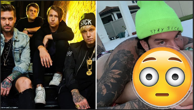 Split image of Attila frontman Chris Fronzak and his band.