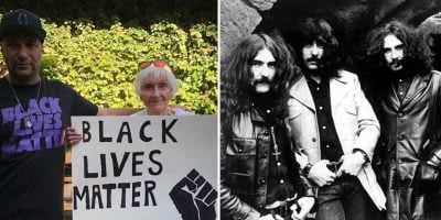 Double image of Rage Against The Machine's Tom Morello and his mother with heavy metal outfit Black Sabbath.