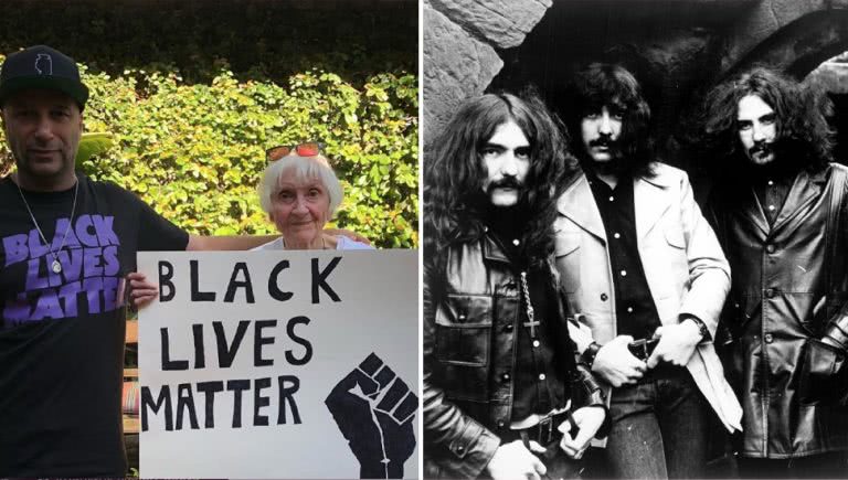 Double image of Rage Against The Machine's Tom Morello and his mother with heavy metal outfit Black Sabbath.