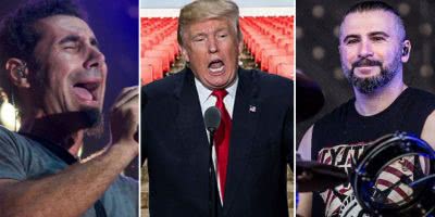 Triple image of System Of A Down members Serj Tankian and John Dolmayan with Donald Trump