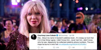 Custom image of Courtney Love with a tweet about Jeffrey Epstein.