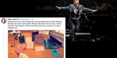 Custom image of Elton John and his sobriety tweet.