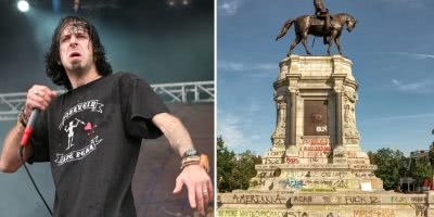 Split image of Lamb Of God frontman Randy Blythe and a defaced statue.