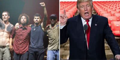 Split image of Rage Against The Machine and Donald Trump