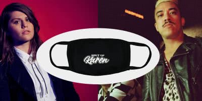 Alex Lahey, David Novak and a mask that says "Shut up Karen"