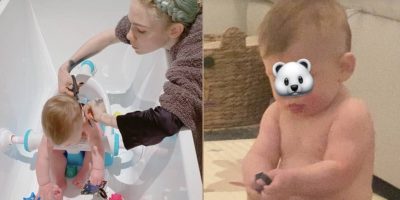 grimes giving little x a viking haircut in the bath