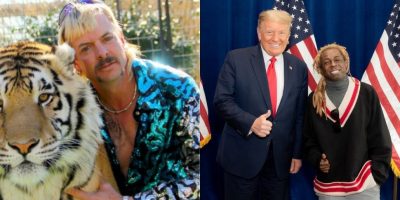 (Left) Joe Exotic posing with a Tiger, (Right) Donald Trump posing with Lil Wayne