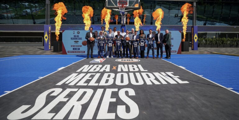 MELBOURNE, AUSTRALIA - MARCH 11: Key stakeholders of the NBL and NBA pose during a NBL media opportunity at Rod Laver Arena on March 11, 2025 in Melbourne, Australia. (Photo by Morgan Hancock/Getty Images for NBL)