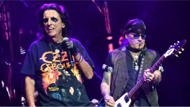 Alice Cooper and Johnny Depp perform onstage during a concert July 25, 2025 in London, England.