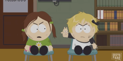 South park characters fighting over a labubu