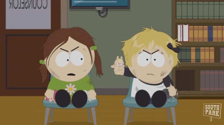South park characters fighting over a labubu