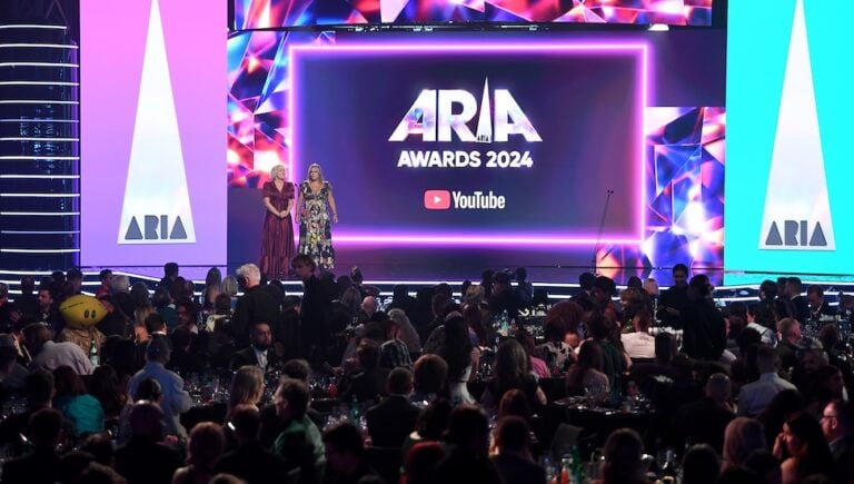SYDNEY, AUSTRALIA - NOVEMBER 20: Annabelle Herd, CEO of ARIA and ARIA chair Natalie Waller speak onstage during the 2024 ARIA Awards at Hordern Pavilion on November 20, 2024 in Sydney, Australia. (Photo by Wendell Teodoro/Getty Images)