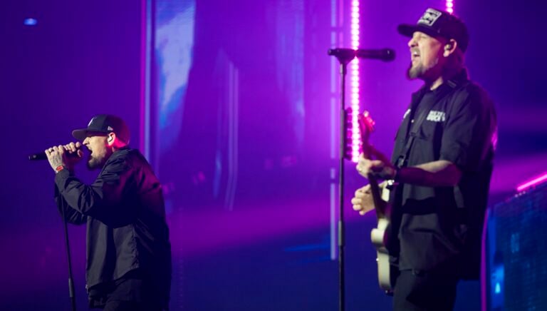 PERTH, AUSTRALIA - FEBRUARY 17: Joel Madden and Benji Madden of Good Charlotte perform on stage during the first stop on the Motel Du Cap World Tour on February 17, 2026 in Perth, Australia. (Photo by Matt Jelonek/Getty Images)