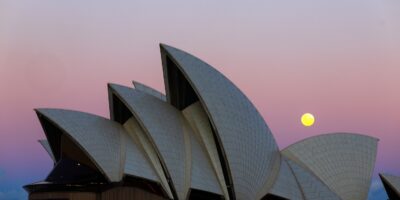 SYDNEY, AUSTRALIA - MAY 31: Tonight's full moon is a rare micromoon and blue moon seen rising behind the Sydney Opera House on May 31, 2026 in Sydney, Australia. (Photo by Steve Christo - Corbis/Corbis via Getty Images)