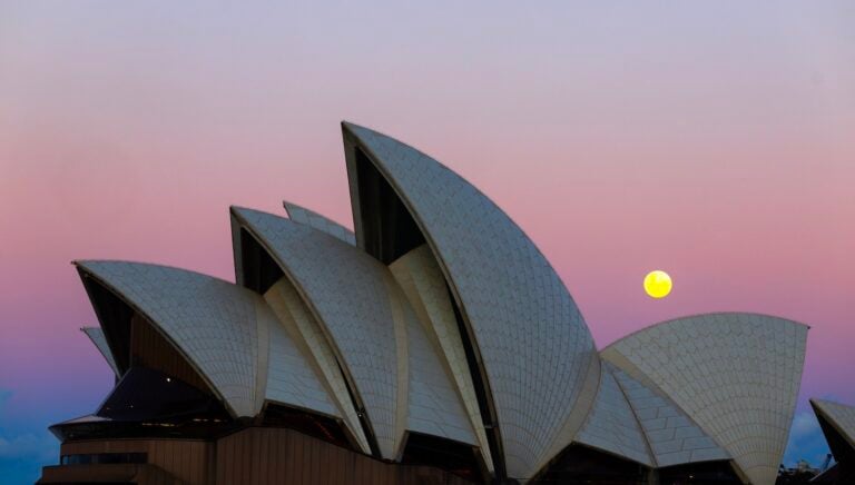 SYDNEY, AUSTRALIA - MAY 31: Tonight's full moon is a rare micromoon and blue moon seen rising behind the Sydney Opera House on May 31, 2026 in Sydney, Australia. (Photo by Steve Christo - Corbis/Corbis via Getty Images)