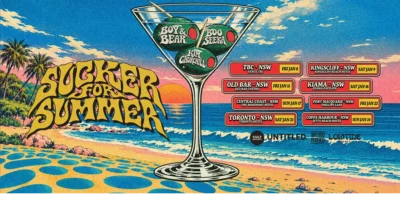 Illustrated Sucker for Summer tour poster featuring a coastal sunset, cocktail glass, artist names and January 2027 NSW tour dates.