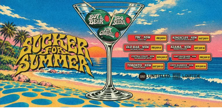 Illustrated Sucker for Summer tour poster featuring a coastal sunset, cocktail glass, artist names and January 2027 NSW tour dates.