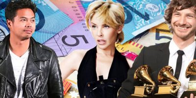 Insert of 2 men and a woman on an image of Australian currency all wearing black and white clothing